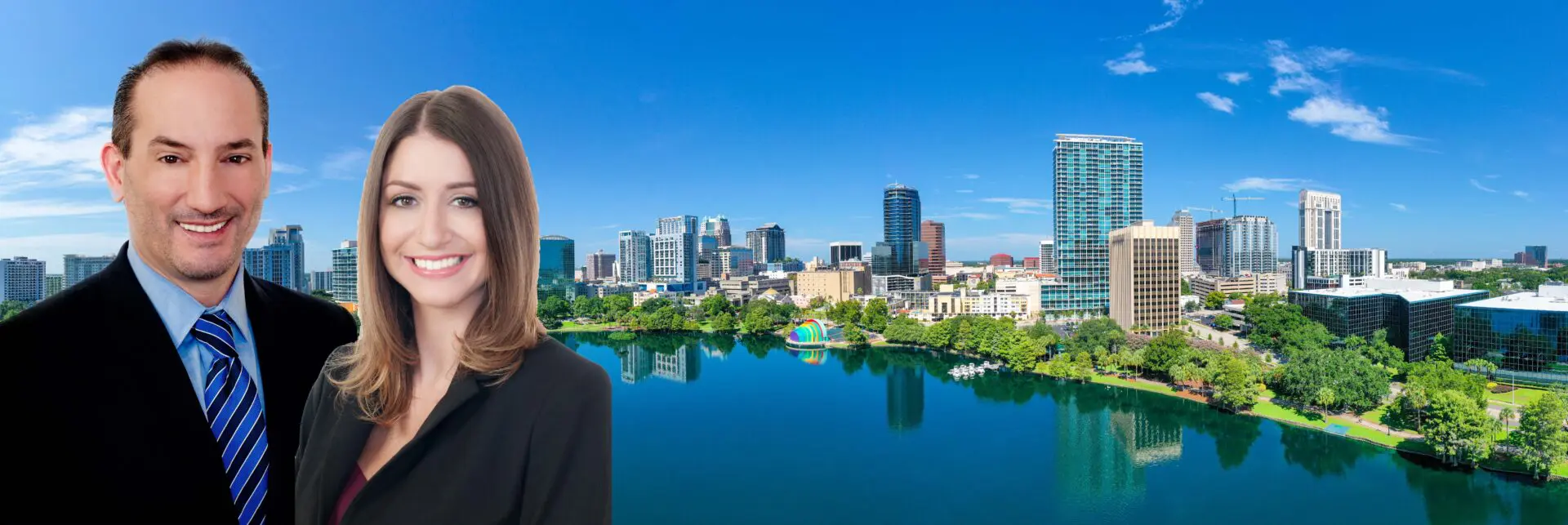 A woman standing in front of a city skyline.